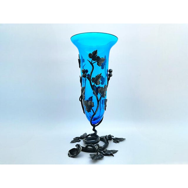Blue Murano Glass and Wrought Iron Vase by Umberto Bellotto for Barovier & Toso, 1930 For Sale - Image 8 of 9