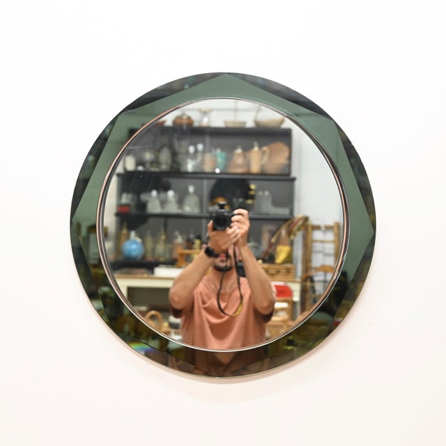 Glass Round Green Double Beveled Mirror attributed to Antonio Lupi for Cristal Luxor, Italy, 1960s For Sale - Image 7 of 13
