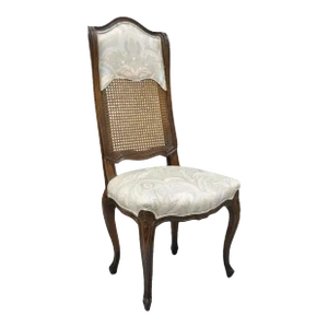 Vintage French Country Louis XV Style High Cane Back Carved Walnut Side Chair