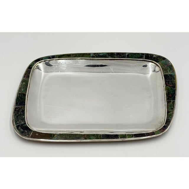 Mid 20th Century Los Castillo Taxco Azurite & Lapis Inlaid Silver Plated Tray, Mexican Modernist For Sale In Los Angeles - Image 6 of 18