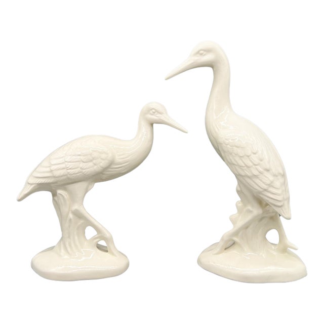 Pair of 1984 Hand-Signed Cream Ceramic Crane Sculptures – Hollywood Regency / Coastal / Art Deco Revival For Sale