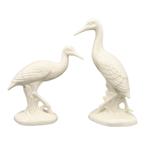 Pair of 1984 Hand-Signed Cream Ceramic Crane Sculptures – Hollywood Regency / Coastal / Art Deco Revival