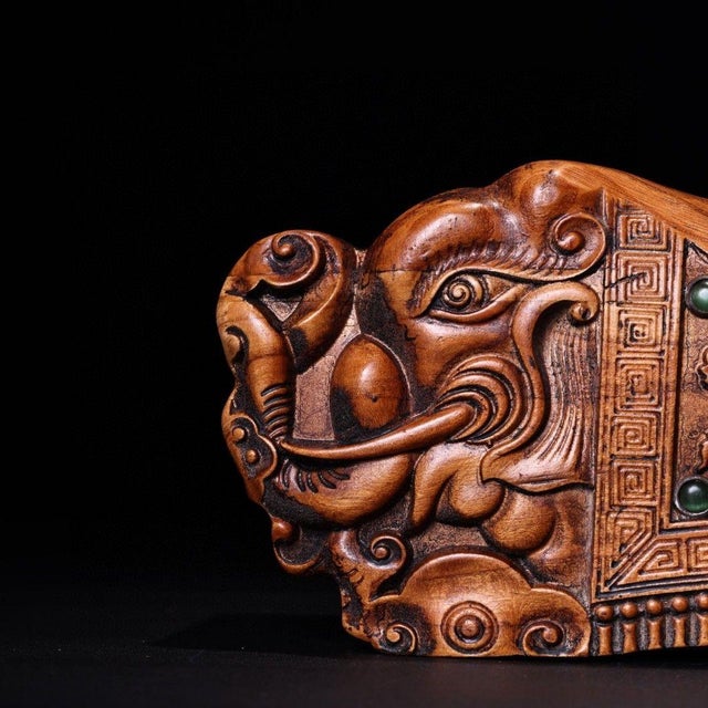 Vintage Chinese Boxwood Carved Beast Head Pillow With Gem Inlay - 750g For Sale - Image 9 of 9