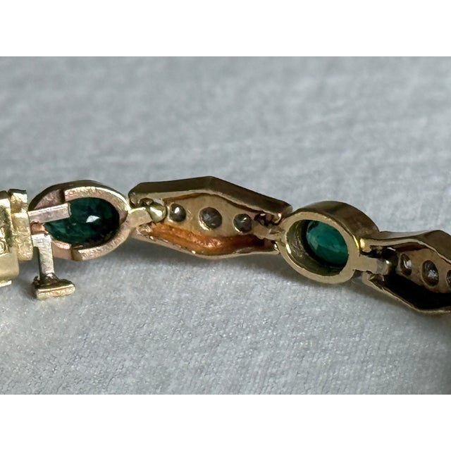 Green Vintage 14k Yellow Gold Emerald & Diamond Bar-Link Bracelet For Sale - Image 8 of 15