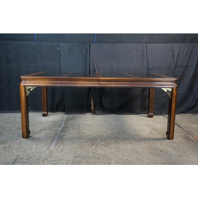Wood Mid Century Chinoiserie Matchbook Walnut Brass & Glass Extendable Dining Table For Sale - Image 7 of 15