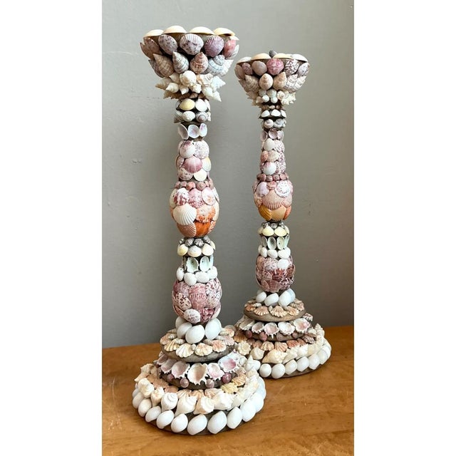 Vintage Shell Encrusted Candle Holders - Pair For Sale - Image 4 of 12