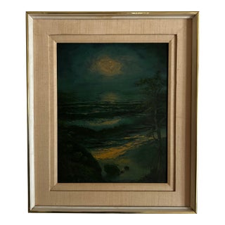 Vintage Mid Century Impressionist Nocturnal Moonlight Seascape Oil Painting in Linen & Wood Frame For Sale