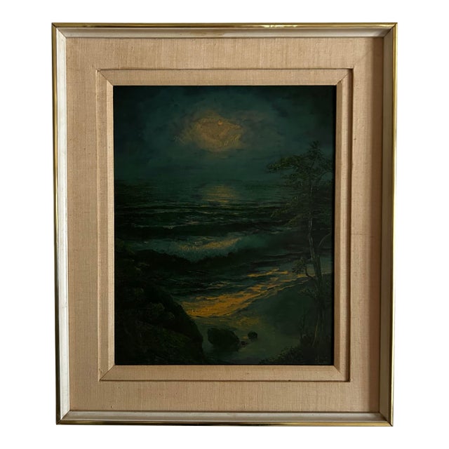 Vintage Mid Century Impressionist Nocturnal Moonlight Seascape Oil Painting in Linen & Wood Frame For Sale