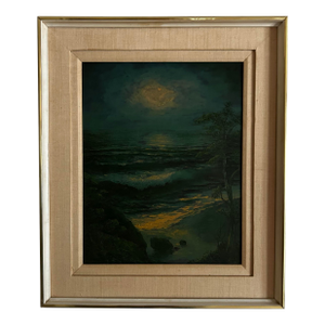 Vintage Mid Century Impressionist Nocturnal Moonlight Seascape Oil Painting in Linen & Wood Frame