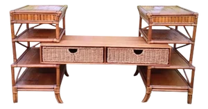 Vintage Rattan Bamboo 3 Piece Shelving Unit Entertainment Tv Storage Center