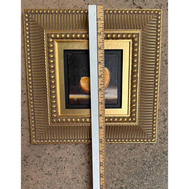 Wood 21st Century Orange Slice Oil on Board Gilt Wood Framed Painting Yellow Black Gold Handmade Signed Still Life Fruit For Sale - Image 7 of 13