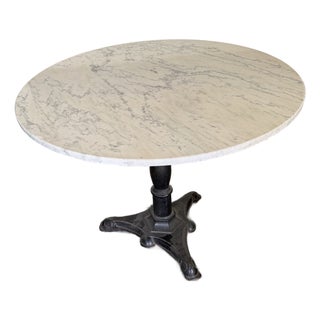 Vintage Haasbrock-Sonderguard Cast Iron Pedestal Table With Carrara Marble Top, 36.75” For Sale