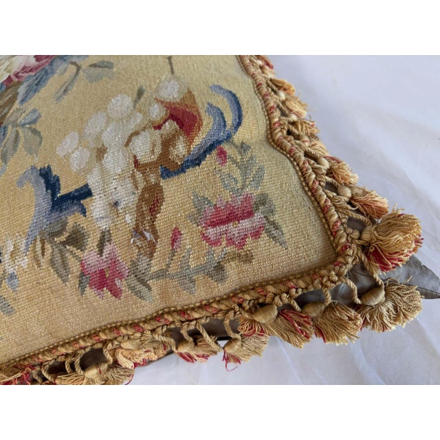 French Aubusson Style Tapestry Pillow with Silk Velvet Backing For Sale - Image 9 of 15