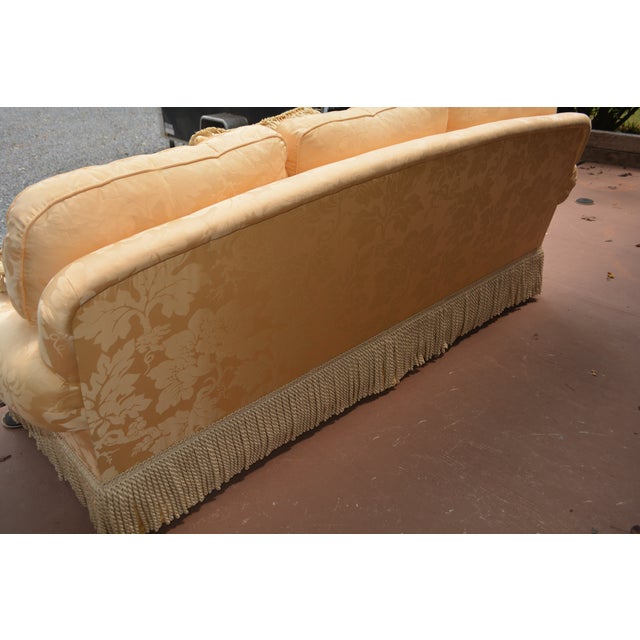 Sherill Yellow Damask Couch W/ Corded Fringed Skirt & Tasseled Throw Pillows For Sale - Image 6 of 18