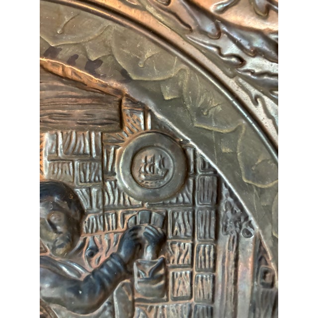 Large 22.5” Antique Dutch Tavern Scene Copper Repoussé Wall Plaque / Charger Circa 1890’s For Sale - Image 9 of 12