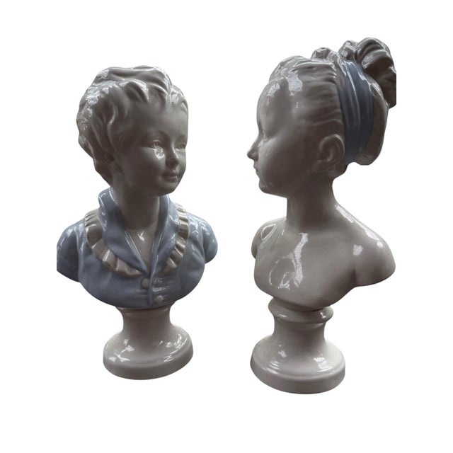 Mid 20th Century Pair of Vintage Italian White Ceramic Busts of a Boy & Girl, 15" For Sale - Image 5 of 8