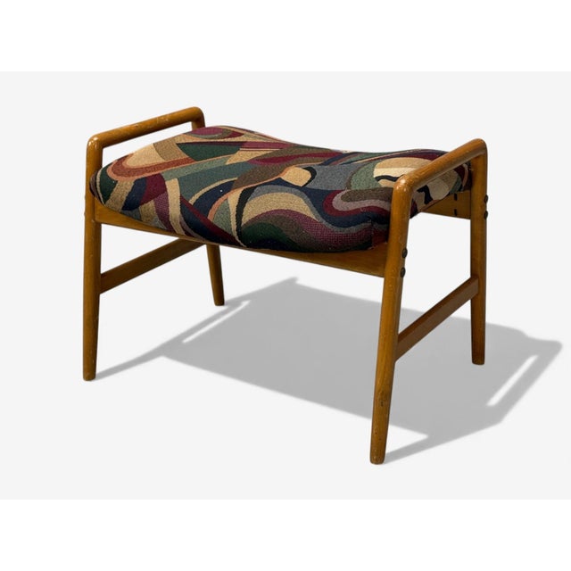 Danish Modern, Aztec Fabric, Light Stained Wood, Footstool, Denmark, 1950s For Sale - Image 4 of 8