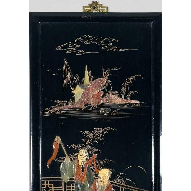 Vintage Chinese Black Lacquer and Inlaid Soapstone Wall Panels Set of Four For Sale - Image 9 of 16
