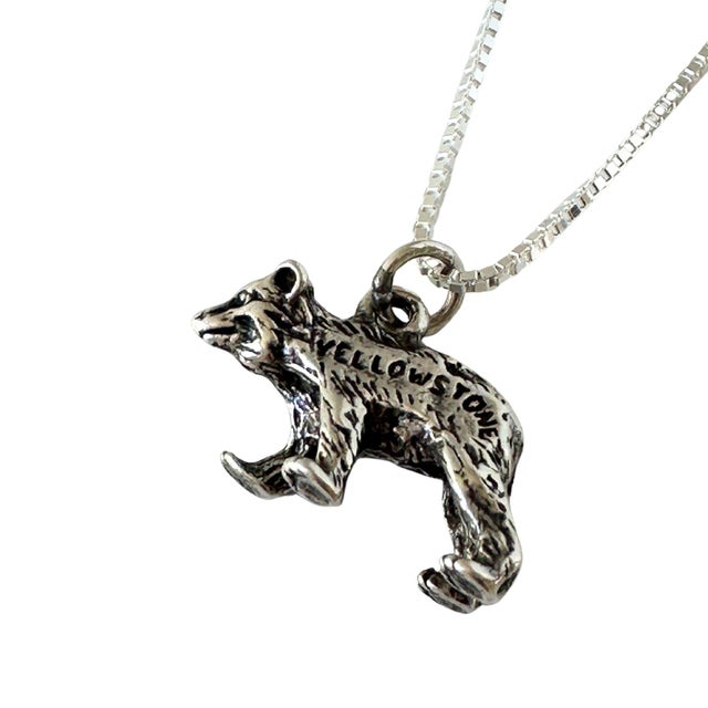 Mid-Century Modern Wyoming Yellowstone National Park Bear Sterling Silver Vintage Charm on New 18 Inch Sterling Silver Necklace For Sale - Image 3 of 3