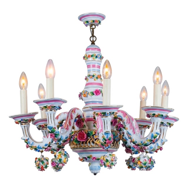 Italian Polychrome Porcelain Chandelier in the style of Capodimonte, 1950 For Sale
