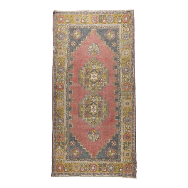 Vintage Anatolian Rug With Tribal Floral Motifs - Bold Geometric Turkish Rug in Earthy Tones -3' 11'' X 7' 7'' For Sale