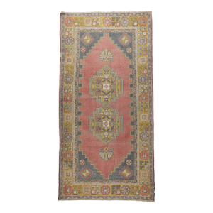 Vintage Anatolian Rug With Tribal Floral Motifs - Bold Geometric Turkish Rug in Earthy Tones -3' 11'' X 7' 7''