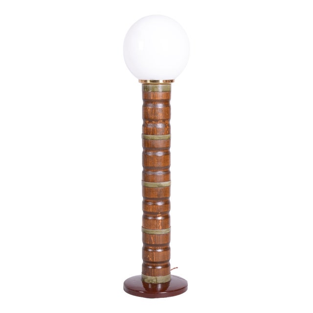Art Deco Floor Lamp in Walnut, Brass and Milk Opaline Glass, Czech, 1930s For Sale