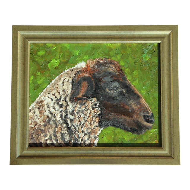 Sheep Black Face Portrait Traditional English Impressionism Antique White Black Green Original Oil Painting Cleo Plowden For Sale