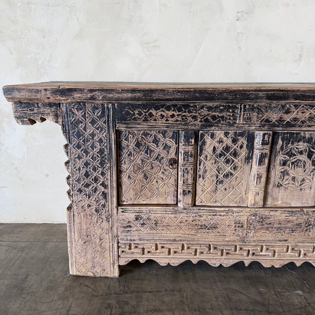 Wood Vintage Carved Pine 4 Door Cabinet - Weathered Black For Sale - Image 7 of 14