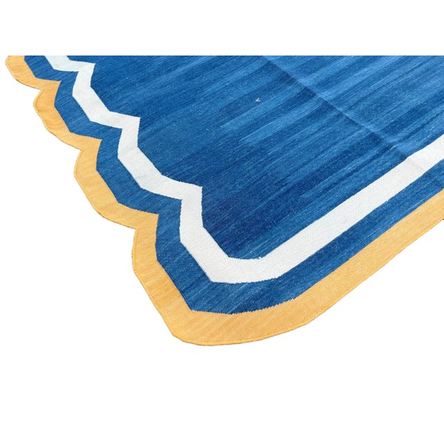 Not Yet Made - Made To Order Handmade Cotton Area Rug Natural Vegetable Dyed Blue Scalloped Rug Yellow Border - 6'x9' For Sale - Image 5 of 11