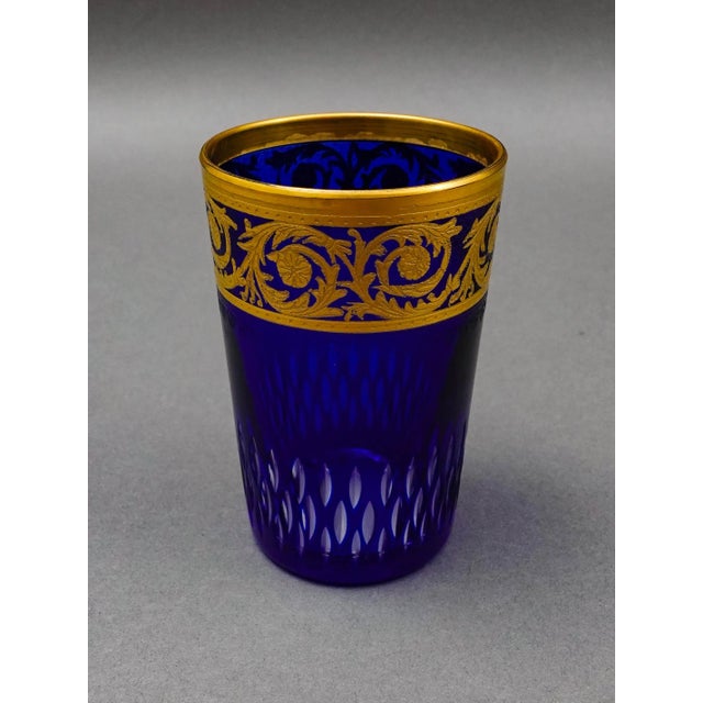 Saint St Louis Crystal France Thistle Blue & Gold Encrusted Tea Tumbler Glass Measures approximately 2 1/2" diameter, 3...