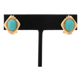 Vintage Modernist 14k Yellow Gold and Turquoise Diamond Earrings For Sale