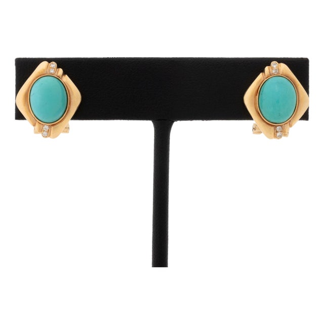 Vintage Modernist 14k Yellow Gold and Turquoise Diamond Earrings For Sale