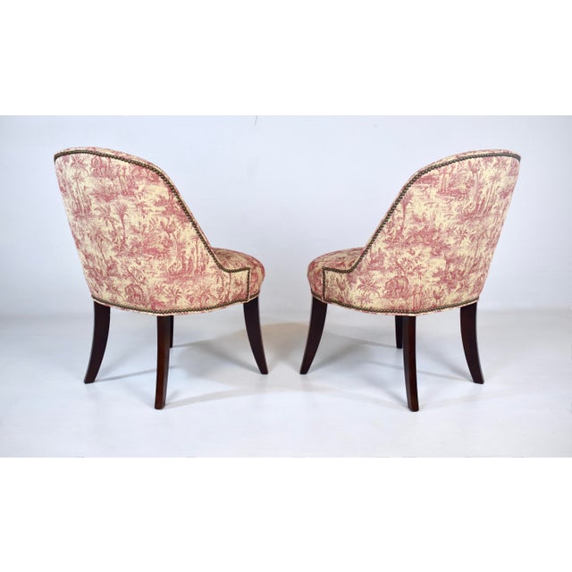 Wood Modern Slipper Chairs in French Country Toile Upholstery For Sale - Image 7 of 9