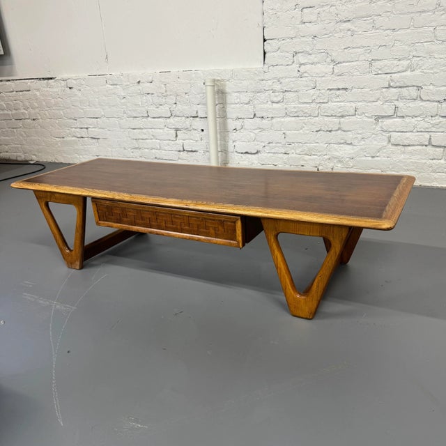 Lane Perception Coffee Table With Basket Weave Drawer Triangular Legs For Sale - Image 10 of 11