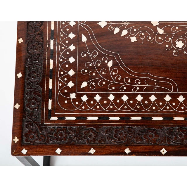 Antique Anglo Indian Coffee Table Rosewood Top With Maquetry Inlay on Custom Steel Base For Sale - Image 9 of 11