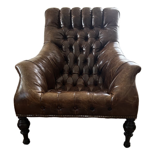 Oversized Diamond Tufted Leather Library Chair, Bobbin Legs & Nailhead Trim For Sale