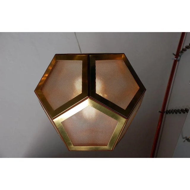 DESIGN FRERES Geometric Brass, Tan Leather and Glass 'Pentagone' Lantern by Design Frères For Sale - Image 4 of 7