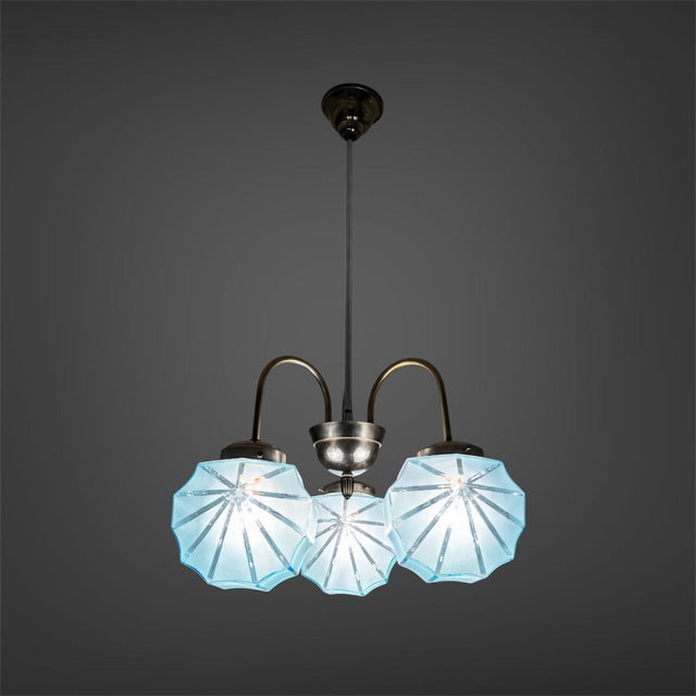 Bauhaus Art Deco 3-Armed Chandelier with Blue Glass Shades, Europe, 1930s For Sale - Image 3 of 11