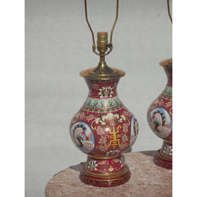 1970s Vintage Asian Chinoiserie Cloisonne Red Table Lamps - a Pair For Sale - Image 5 of 15