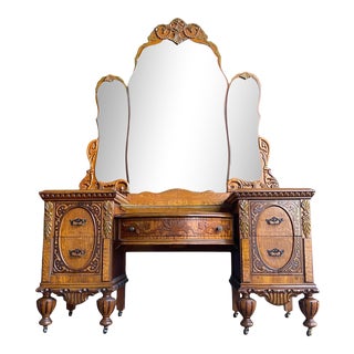 Antique Victorian Hand Carved Wood Vanity Makeup Desk For Sale
