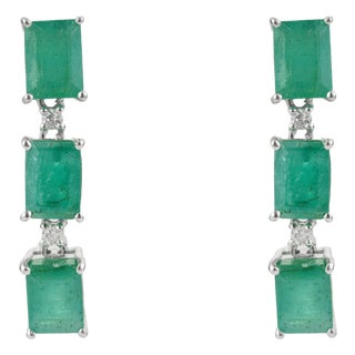 Art Deco Natural 6.32 Ct Octagon Emerald & Diamond Three Stone Dangle Earrings - 2 Pieces For Sale