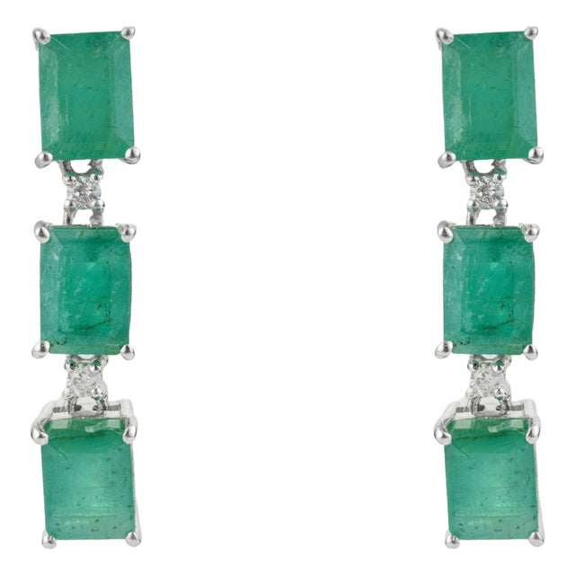 Art Deco Natural 6.32 Ct Octagon Emerald & Diamond Three Stone Dangle Earrings - 2 Pieces For Sale