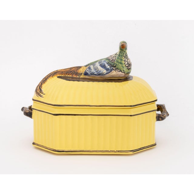 Tiffany and Company French Ceramic Pheasant Motif Covered Tureen, polychrome hand-painted on a yellow ground, signed and...