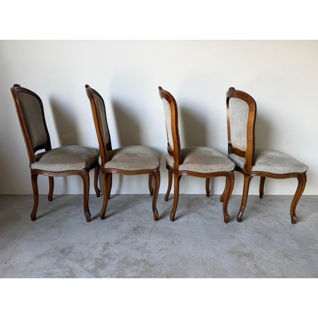 1970s Italian French Provincial Louis XV-Style Carved Wood & Suede Dining Chairs – Set of 4 For Sale - Image 9 of 12