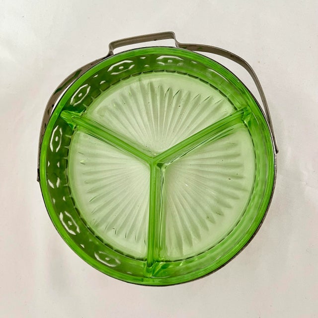 Glass Vintage Green Depression Glass Silver Relish Tray For Sale - Image 7 of 8
