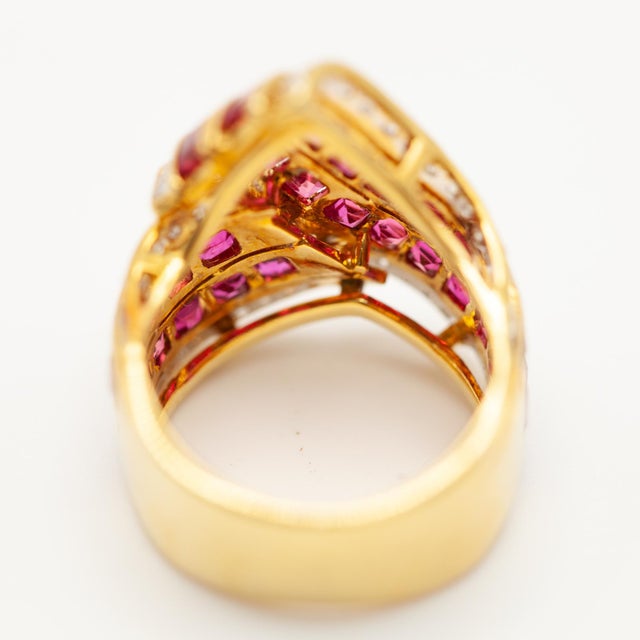 1980s Vintage 18k Yellow Gold Ruby and Diamond Cocktail Ring, Size 6.5 For Sale - Image 12 of 16