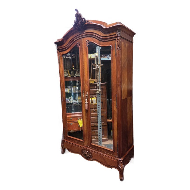 Antique French Louis XV Walnut Armoire Dual Beveled Mirrored Doors For Sale