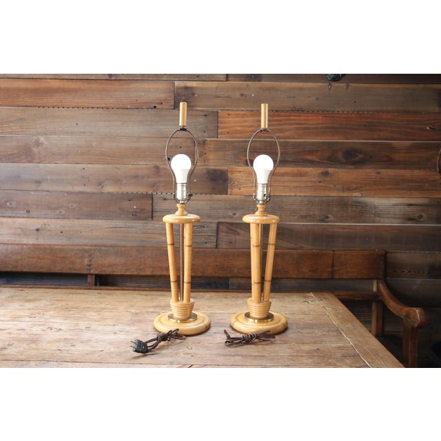 1950s Heywood-Wakefield Bamboo Style Table Lamps | Pair of Mid Century Modern Wood Lamps For Sale - Image 11 of 18