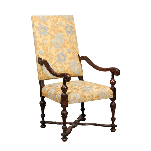 17th Century Italian Baroque Period 17th Century Walnut Armchair with Carved X-Form Stretcher For Sale - Image 5 of 12